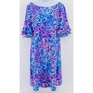 Papagallo Dress Womens M Ruffle Sleeve Blue Coral Print Tropical Summer Beach